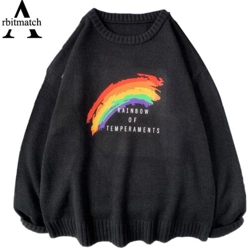Loose Sweater Men Hip Hop Harajuku Rainbow Bf Unisex Women Sweater Oversized Pullover Casual Autumn Male Sweater Knitting Tops