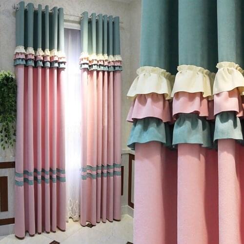 Princess Curtains for Living Room Bedroom Thick Splice Curtain Pink Green Girls Drapes Geometric Sheer Curtains Kids Blinds