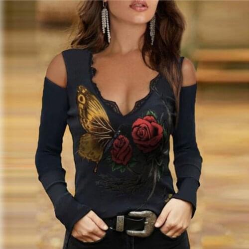Blouse Women V-neck Long Sleeve Rose Butterfly Print Shirt Tops Cold Shoulder Sexy Slim Fit Blouses Plus Size 2021 New Autumn