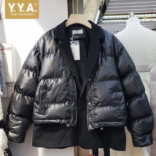 Womens Short Suit Collar Parkas Fashion Warm Outerwear Spliced Pockets Loose Casual Hip Hop Wide-Waisted Thick Winter Coat