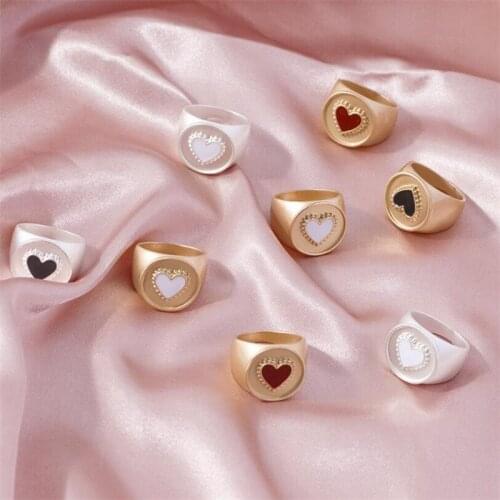 2021 Cute Design Enamel Red Black White Classic Heart Matte Gold Round Rings For Women Minimalist Party Jewelry Gift Size 8