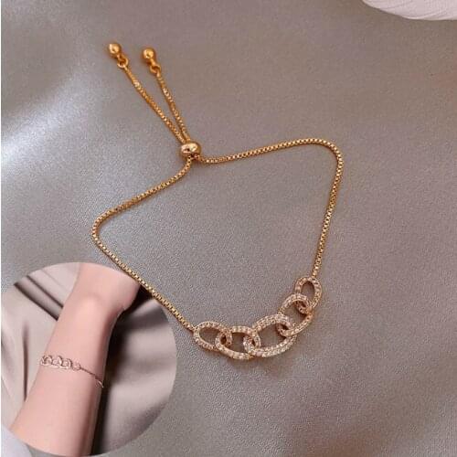 Gold Color Metal Big Chain Adjustable Bracelet Women Retro Geometric Metal Rhinestones Chain Bangles Bracelet Fashion