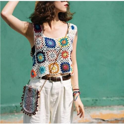 Womens Crochet KnittedTank Tops Club Bohemian Sleeveless Floral Print Hollow Out Loose Crop Summer Casual Vests Streetwear New