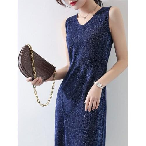 2021 New Spring Summer Fashion Ice Silk Womens Long Dresses Slim Waist Solid Knitting Dress Straps Bottoming Tank Dress L121