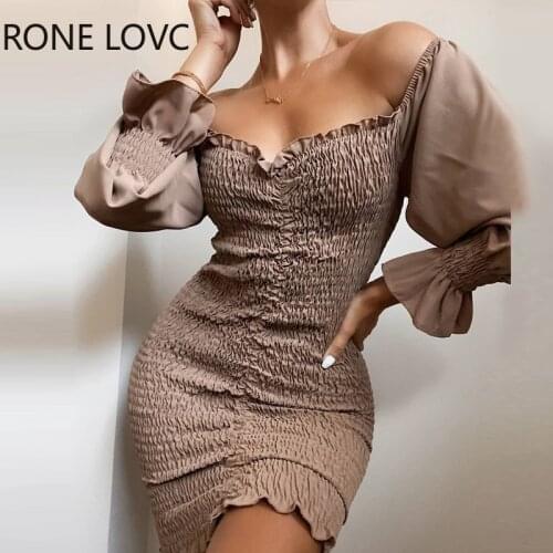 Women Off Shoulder Lantern Sleeve Bodycon Dress Elegant FashionSexy Party Dress
