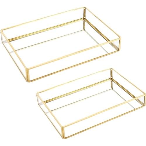 2Pcs Nordic Retro Storage Tray Gold Rectangle Glass Makeup Organizer Tray Dessert Jewelry Display Home Kitchen Decor S&M