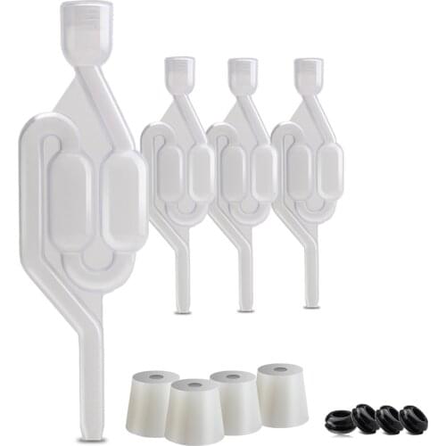 Airlock for Fermentation 4pcs Twin Bubble S Type with Drilled #6 Silicone Stopper and 4 Grommets