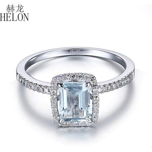 HELON Solid 14K White Gold AU585 Emerald Cut 1ct Natural Aquamarine Diamonds Gemstone Women Fine Jewelry Engagement Wedding Ring