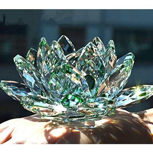Crystal Glass Lotus Flower Ornament Paperweight Feng shui Crystal flowers 80/100/120/140/200mm Green For wedding souvenirs