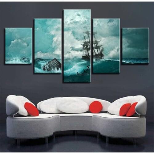 Canvas Painting 5 Pieces Storm Ocean Wave Sailing Ship Seascape Paintings HD Prints Poster Wall Art Framework Modular Home Decor