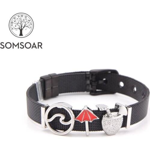 Dropshipping Somsoar Jewelry OCEANHOLIC SET Black Mesh Stainless Steel Bracelet set with Wave & umbrella Slide Charms as gift