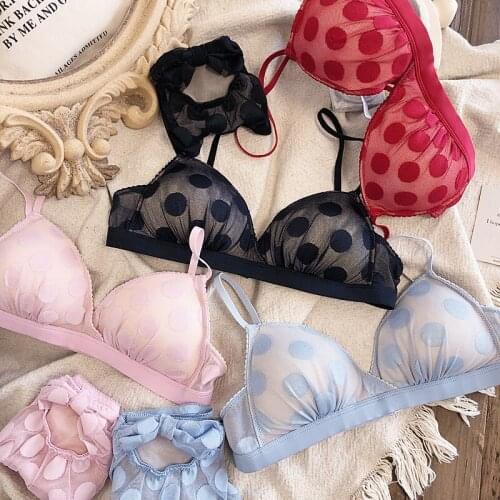 4 colors dot lace girls Underwear Women Large Size Bra Set Triangle Cup Lingerie Wire Free Japanese bralette panties Bra&Brief