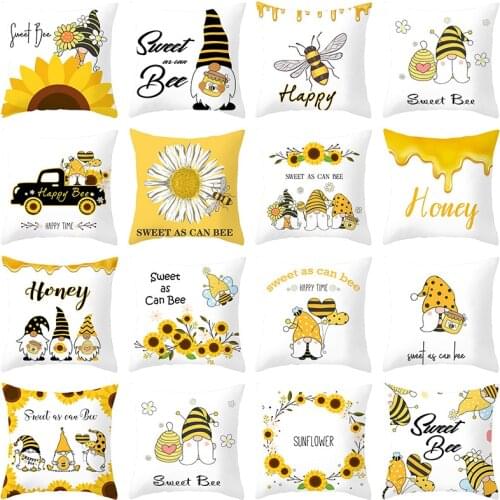 New Yellow White Cushion Cover Sweet Bee Theme Sunflower Print Decorative Pillows Case Livingroom Sofa Couch Throw Pillows Cover