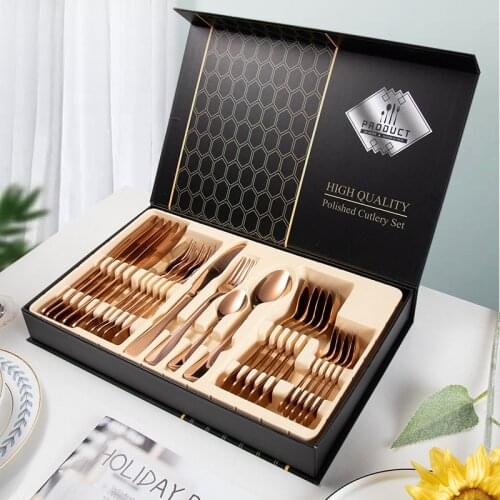24Pcs/set Gold Cutlery Specular Light Stainless Steel Steak Knife Fork Coffee Spoon Teaspoon Upscale Home Restaurant Cutlery Set