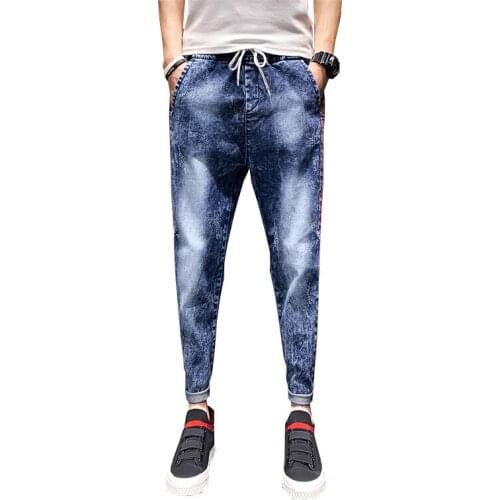 Wholesale 2020 Elastic waist jeans mens loose harem pants wholesale new Harajuku style stretch tie straight jeans long pants
