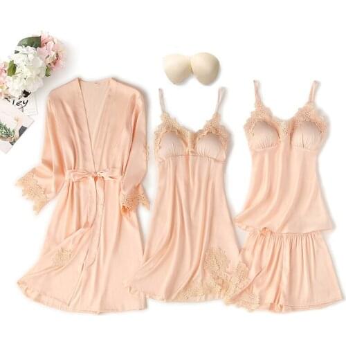 Spring Women Silk Elegant Embroidery Lace Trim 4/2/1 Pcs Pajamas Half Sleeve Top Elastic Waist Pants Lounge Sleepwear Set