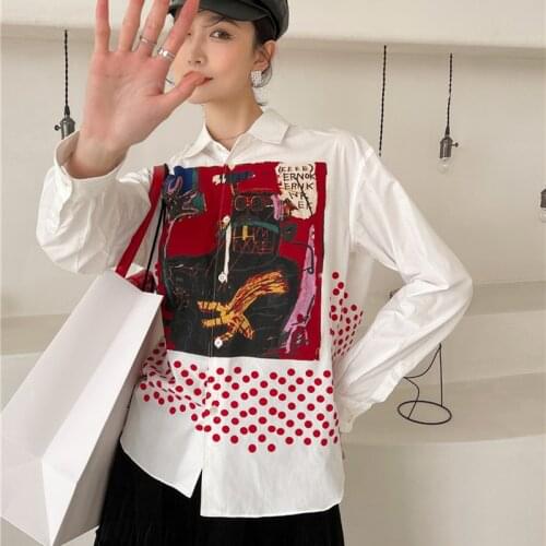 Graffiti Personality Shirt Women Long Sleeve White Fashion Designer Womens Clothing Spring And Autumn Ladies