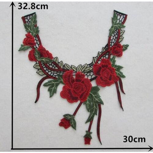 Modern red rose flower cotton 3D embroidery DIY lace collar Fabric Sewing Applique ribbon trim neckline guipure wedding decor