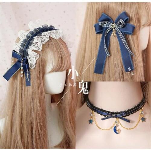 Navy blue Gothic Lolita Lace Trim KC hair pin Pearls Bow Handwork Hair Accessories Headwear Womens Headdress B449
