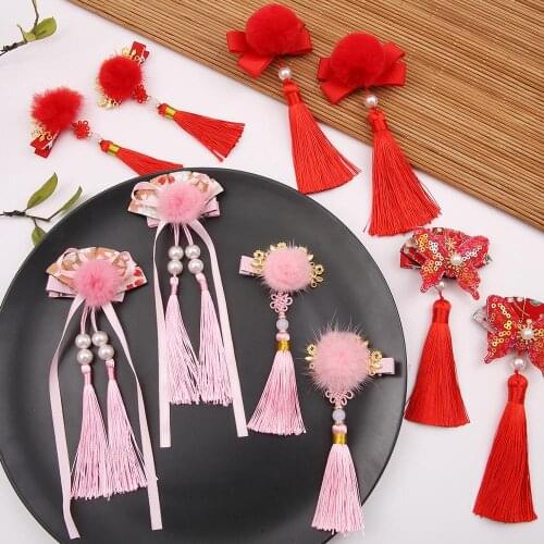 Temperament 2 pieces/Lot Antique Tassel Hair Clips Red Headband Happy New Year Hairpin Handmade Edge Hair Accessories Hair Bow