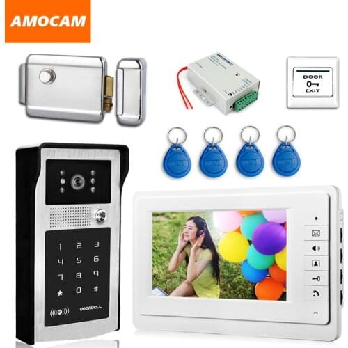 7" Video Door Phone Intercom Doorbell System Aluminum Alloy Password Camera ID Card+Exit Button+Electronic Door Lock+Power