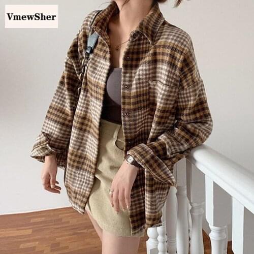 VmewSher New Vintage Loose Autumn Plaid Women Shirt Winter Pockets Long Sleeve Turn-Down Collar Casual Thick Top Streetwear 2020