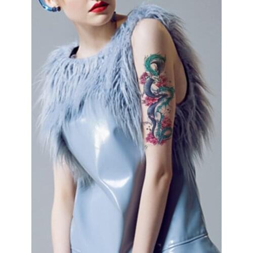 Watercolor Over Shoulder Dragon Waterproof Temporary Tattoo Sticker Pink Flowers Fake Tattoos Flash Tatoos Arm Art for Women Men