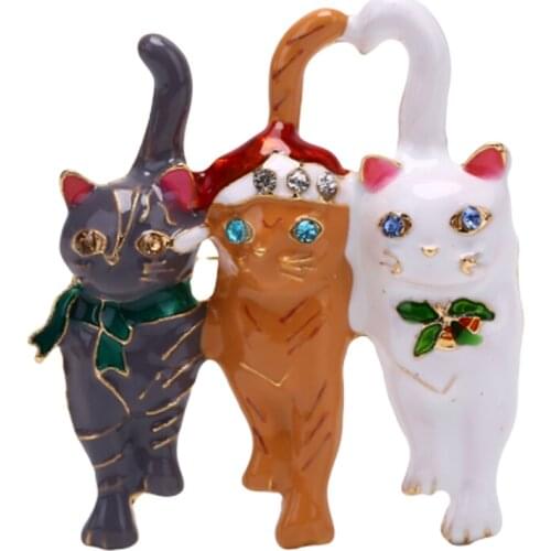 Three Christmas Cat Brooches For Women Europe America Fashion Wedding Party Christmas Jewelry Stones Crystal Brooch Pins