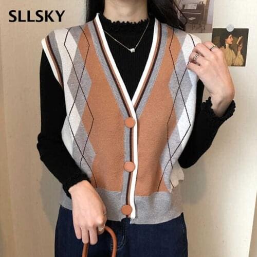 SLLSKY Print Knitted Short Women Vest Patchwork Plaid Single Breasted Sleveless Open Vest Fall Vintage V-Neck Lady Sweater Vest