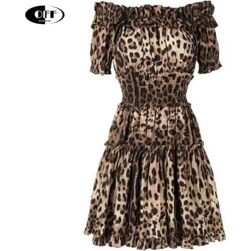 Fashion Party Mini Dress Designer Ruffles Leopard Printed Elegant Elastic Waist Vintage Sexy Slash collar women dress vestidos Z