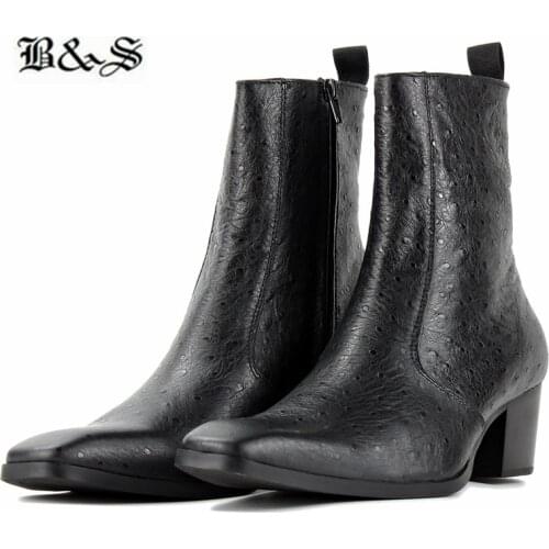 Black&Street heel 5.6cm ostrich pattern pionted toe men high heel narrow Boots slip fit catwalk fashion leather zipper up boots