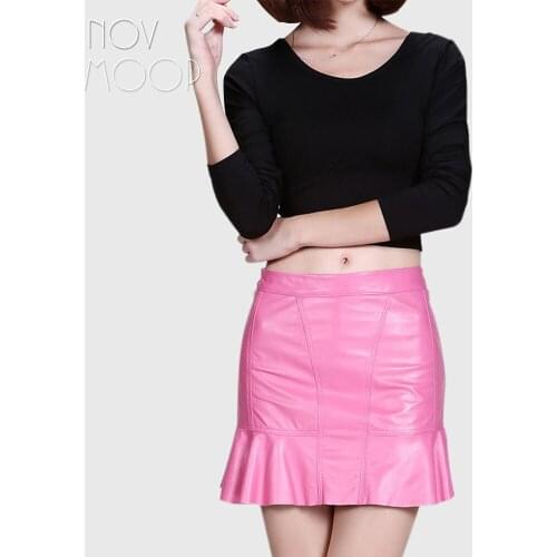 Black pink red solid genuine leather sheepskin lamb sexy mini pleated skirt saia de couro faldas mujer jupe femme etek LT1519