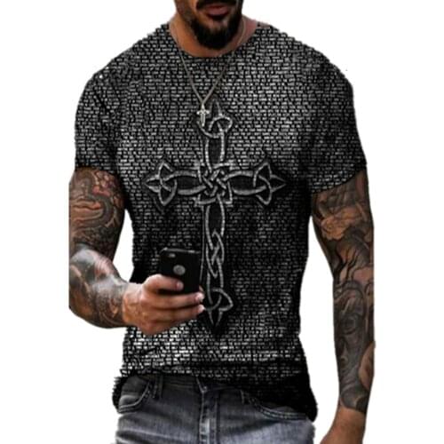 European and American mens foreign trade summer loose casual fashion round neck short sleeve retro cross print T-shirt