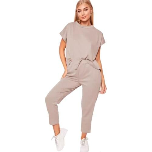 Summer Tracksuits Set Lounge Wear Short Sleeve Tops Long Pants 2pcs Women Sweat Suits Elastic Waist Casual Solid 2020 Hotsale