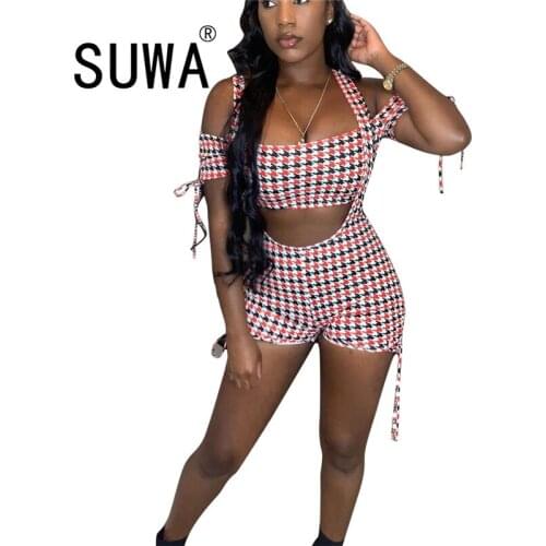 Classic Fashion Plaid Printed Sexy Party Night Club Women Two Piece Sets Clothes Pullover Tunic Crop Top Bodycon Playsuits