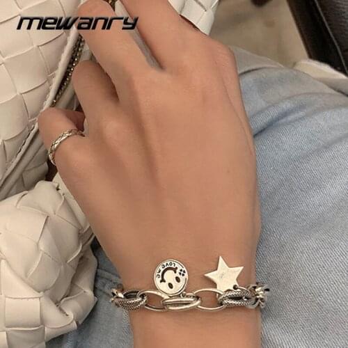 Mewanry 925 Sterling Silver Bracelet for Women Trend Vintage Punk Smiley Star Pendant Thick Chain Party Jewelry Birthday Gifts