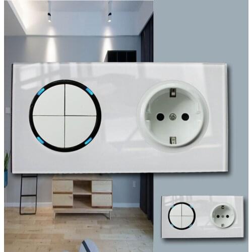 146 Type 4 gang 2 way Germany switch Crystal Tempered Pure Glass Panel 13a Double Eu Standard Wall Power Socket Grounded white
