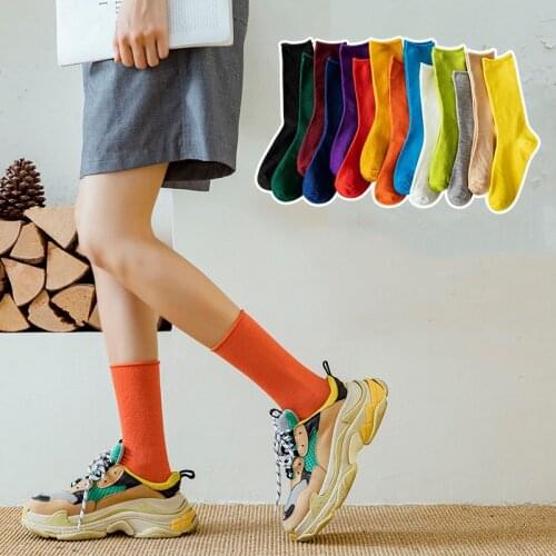 2021 New Women Socks Solid Color Spring Autumn Middle Tube Korea Style Cotton Socks Girl Preppy Style Long Breathable Crew Socks