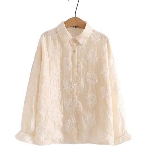 Solid Embroidery Single Breasted Cotton Shirt Women 2021 Autumn Preppy Petal Sleeve Turndown Collar Korean Ladeis Minimalist Top