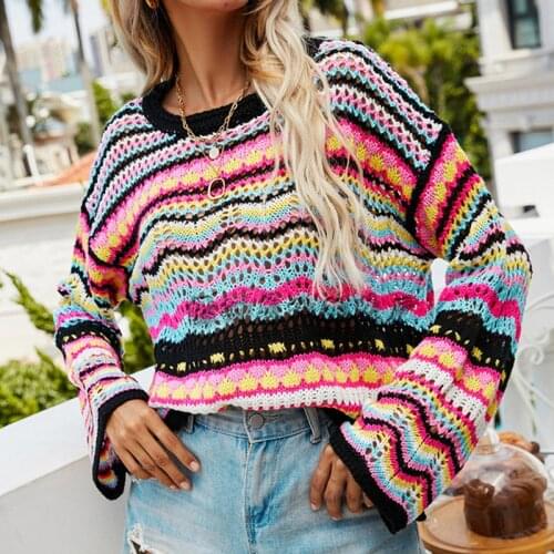 Autumn Women Knitted Sweaters Round Neck Rainbow Striped Casual Loose Hollow Sweater 2021