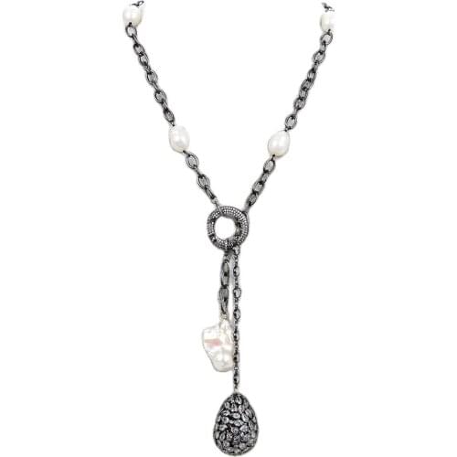 GG Jewelry Natural 22'' Cultured White Rice Pearl CZ Gunmetal chain Necklace Keshi Pearl Cz Teardrop Pendant