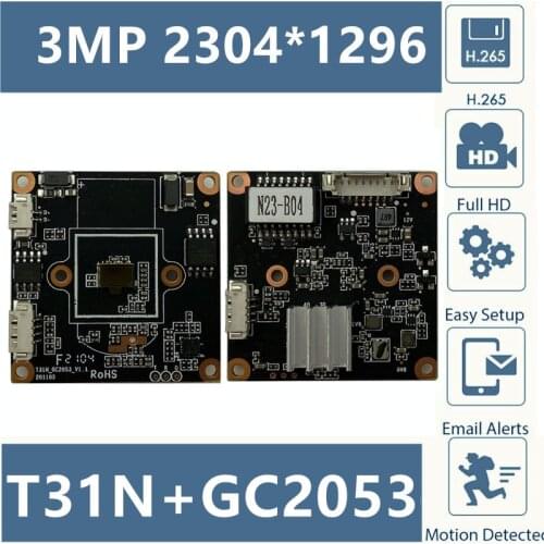 3MP T31N+GC2053 IP Camera Module Board 2304*1296 20fps Onvif Motion Detection 38*38mm MIC Audio Interface with Radiator