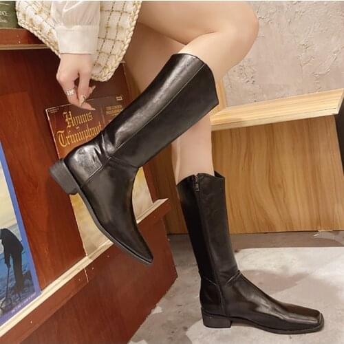 Lucyever Fashion Square Toe Knee-high Boots Women Casual Loose Med Heels Riding Boots Woman Zipper Pu Leather Autumn Botas Mujer