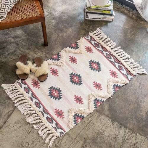 Chenille Floor Mat Rugs Geometric Home Living Room Cotton Linen Sofa Coffee Table Foot Pad Manual Tassels Door Carpet Rug Washed