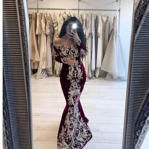 Burgundy Velour Moroccan Kaftan Evening Dresses Elegant Off Shoulder Lace Appliques Arabic Muslim Mermaid Formal Party Gowns