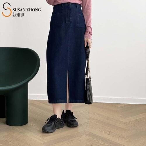 Women Long Skirts Female Elegant Autumn Loose Straight Pencil Denim High Waist Zipper Button Pockets Office Lady Romantic Slit
