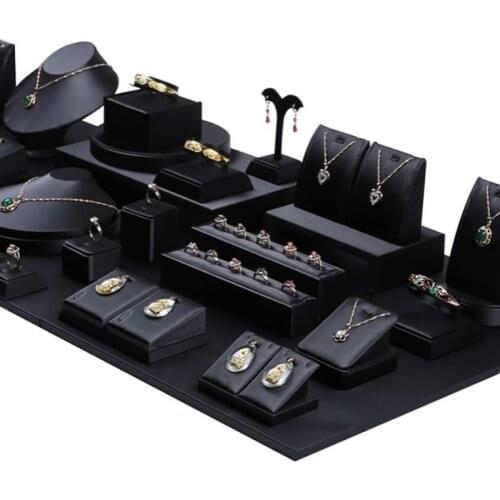 Jewelry Store Luxury Black Pu Ring Necklace Set Jewelry Display Stand Window Shop Showcase Bangle Organizer with Wood Base