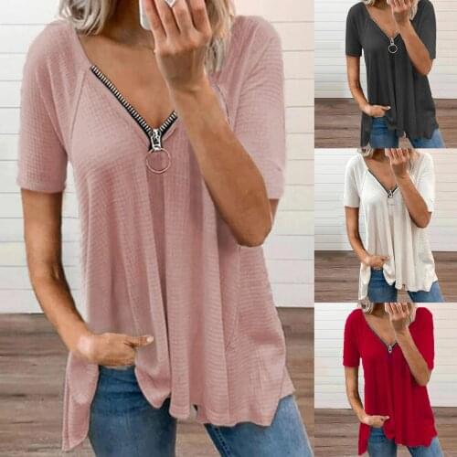 Summer Elegant Short Sleeve Blouse Shirts Women Casual V-Neck Zipper Pullover Female Fashion Loose Solid Tops Blusas
