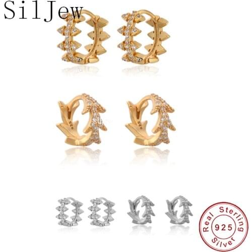 925 Sterling Silver 9.5mm Spike Hoops Zircon Hoops Piercing Luxury Crystal Huggies Leaves Ohrringes Pendientes Rock Punk Jewelry