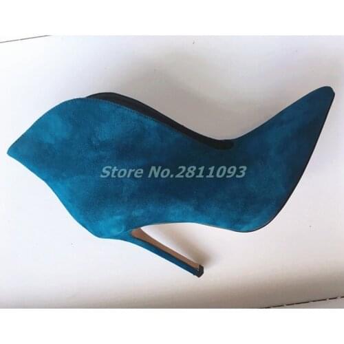 Suede Blue High Heels Women Shoes Stiletto Thin Heel Sexy Pointed Toe Slip On Dress Solid Blue Red Black Shoes